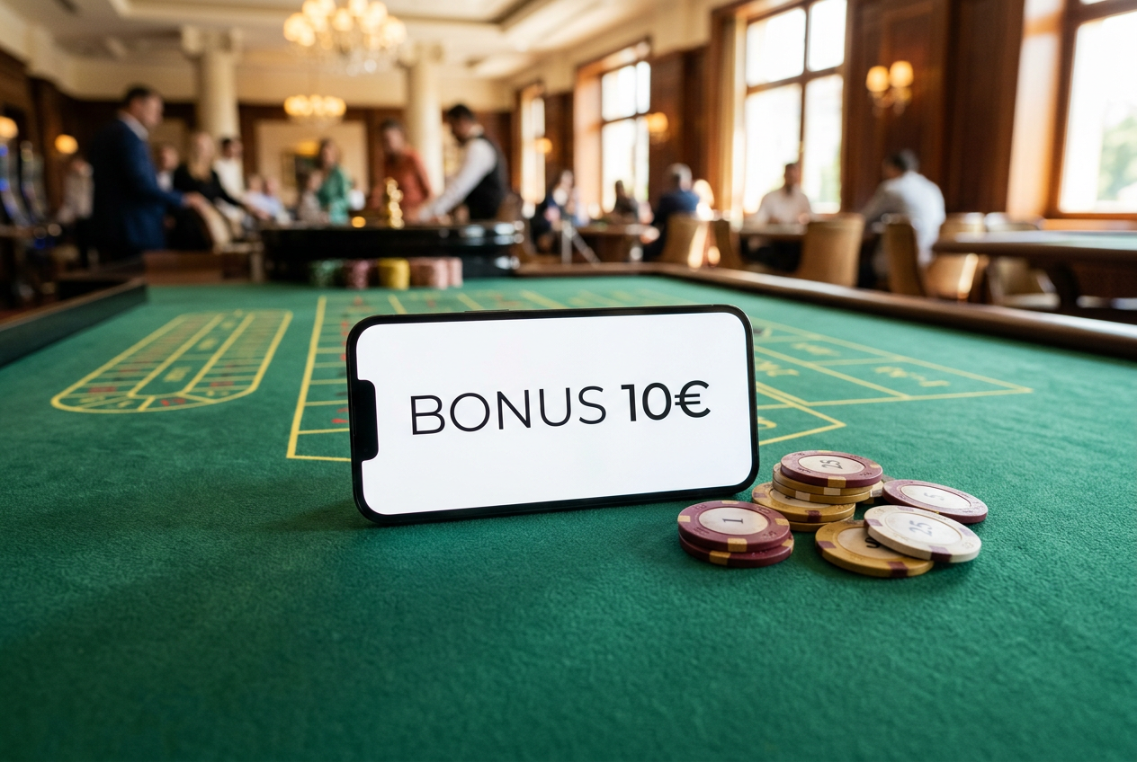 Detailný záber na smartfón s nápisom Bonus 10€ a kasínové žetóny na zelenom plátne.