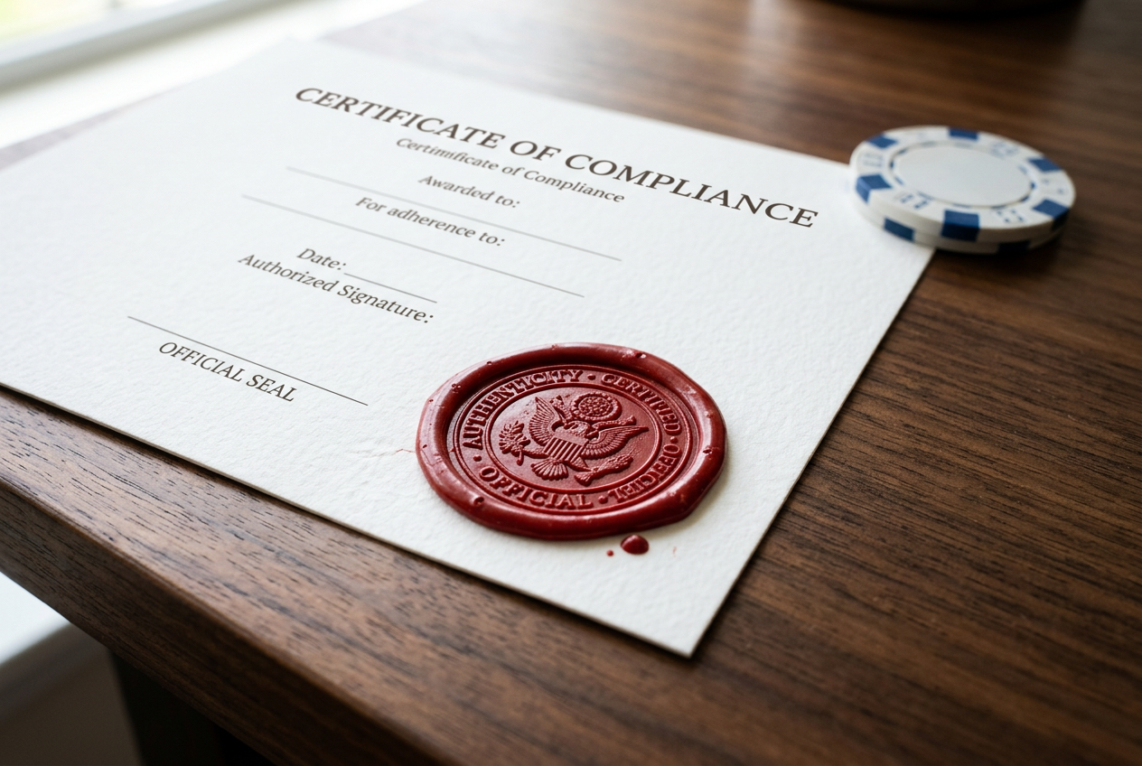 Detailný záber na oficiálnu pečať a certifikát symbolizujúci licenciu kasína