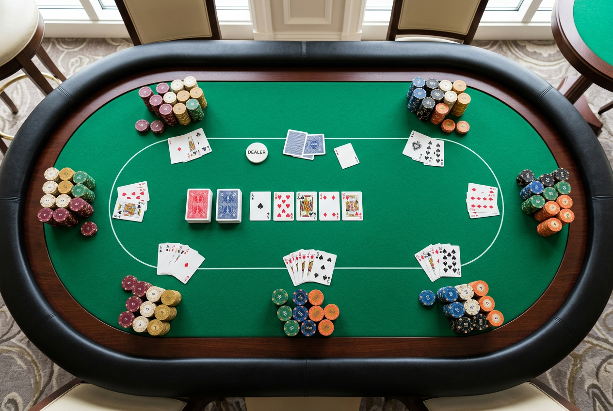 Pohľad na pokerové žetóny a karty pripravené na analýzu hry.