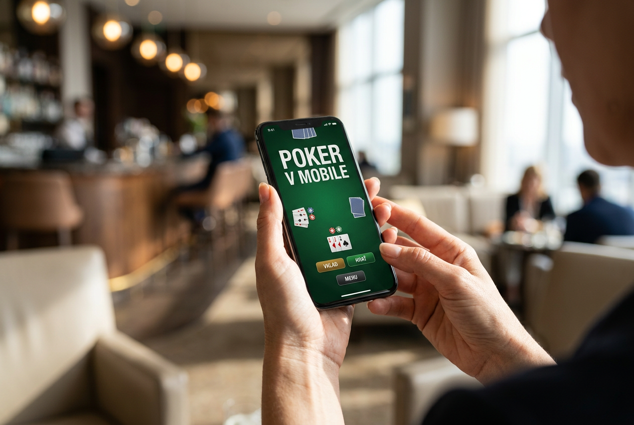 Používanie mobilnej aplikácie pre online poker na smartfóne.
